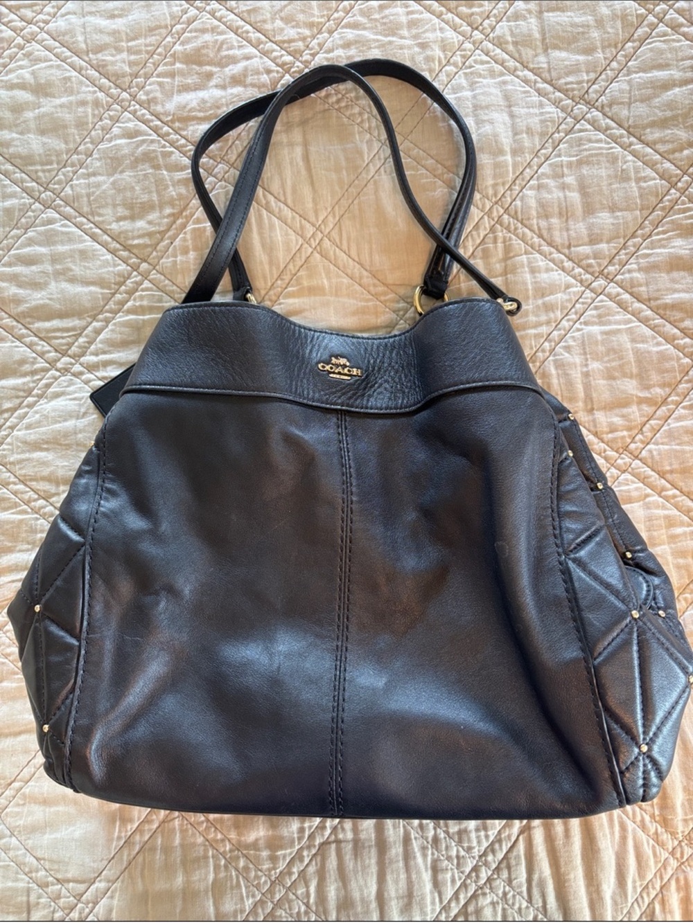 Coach Black Leather Tote with Quilted Stud Accents